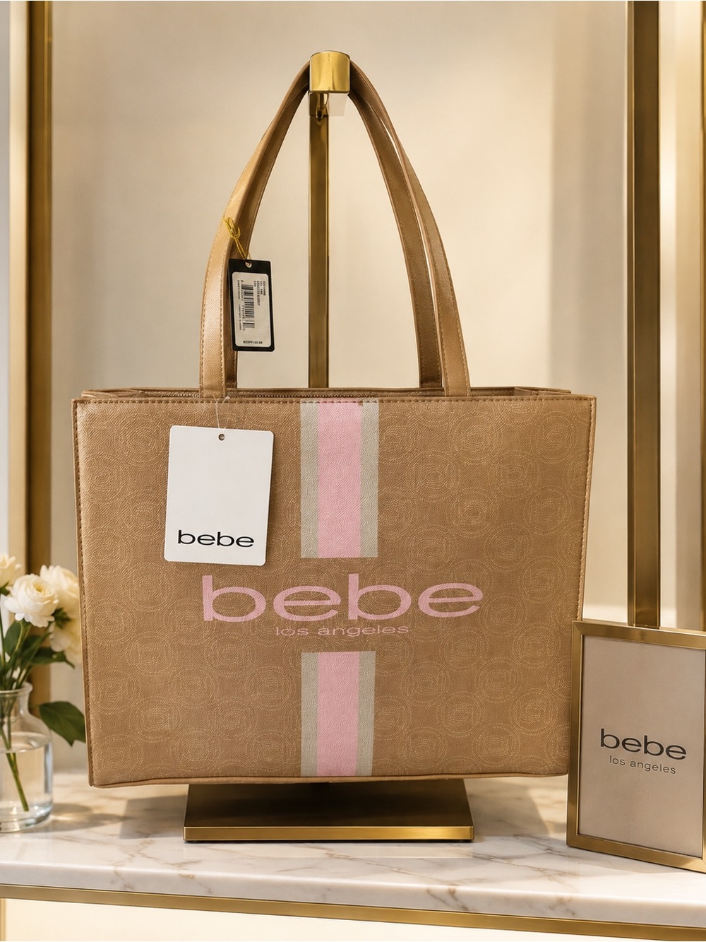*ON HOLD* -bebe Tan Tote with Pink & Cream - NWT